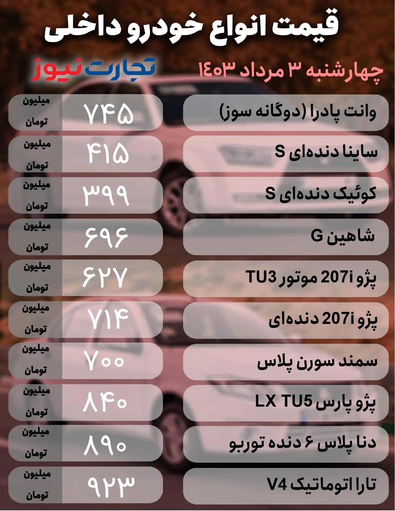 جدول قیمت خودرو 3 مرداد 1403