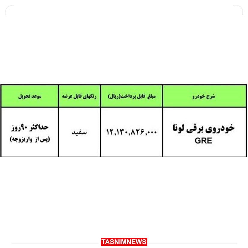 جدول فروش خودروی برقی لونا