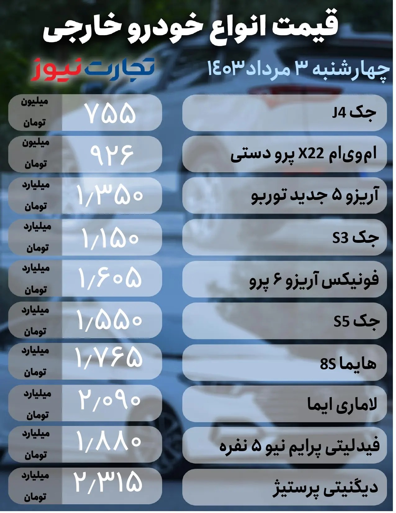 جدول قیمت خودرو 3 مرداد 1403